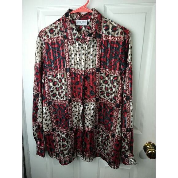 Alfred Dunner Woman 14 Blouse Red Colorblock Animal Print Semi Sheer Button... - Picture 1 of 10